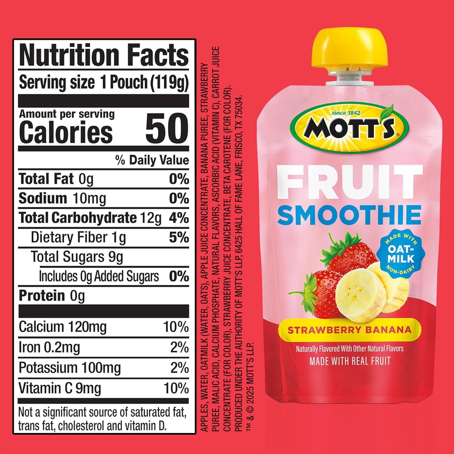 image:imageMotts Fruit Smoothies Strawberry Banana 42 oz clear pouches 8 Pack Nondairy Made With Oatmilk Made With Real Fruit Good Source of Calcium OntheGoStrawberry Banana
