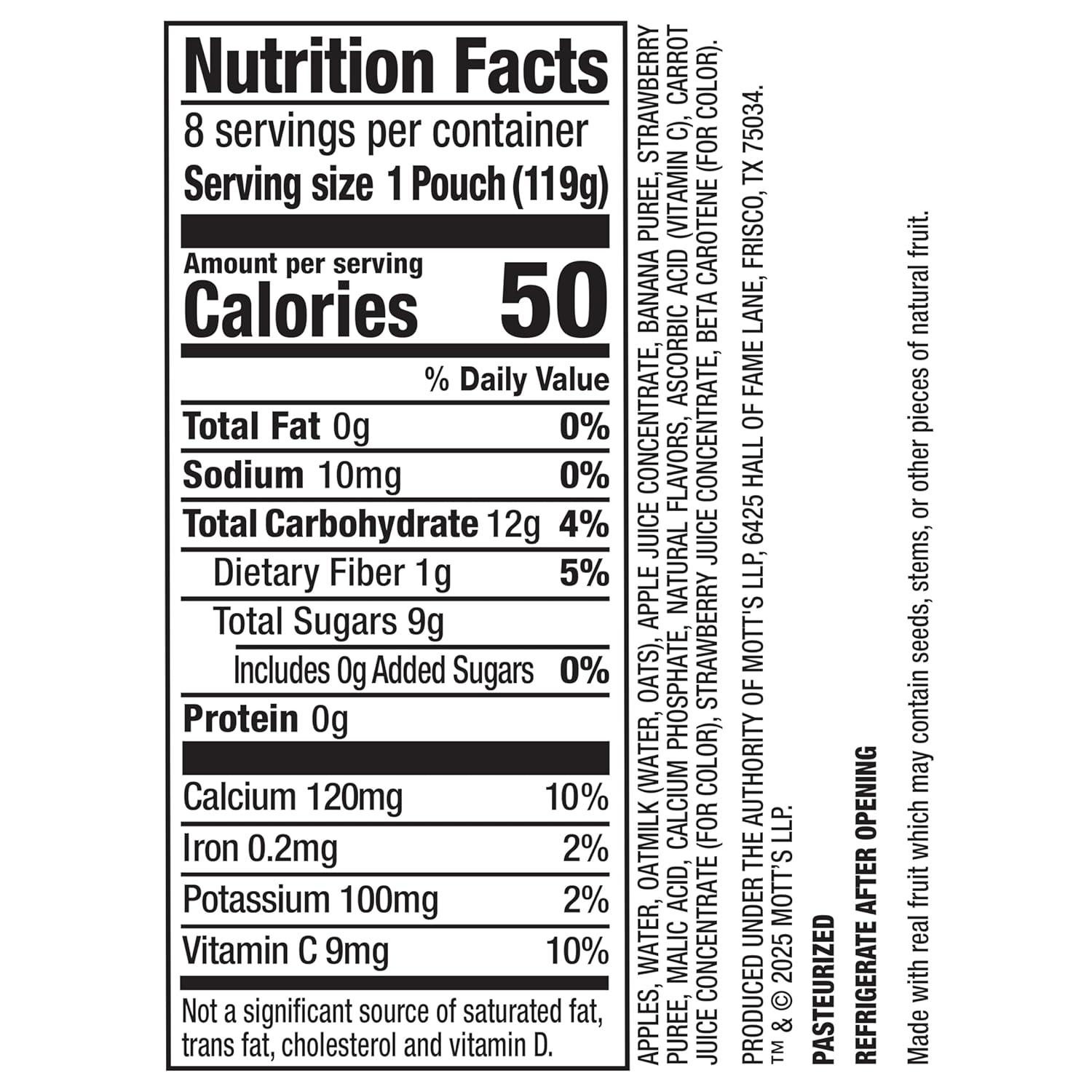 image:imageMotts Fruit Smoothies Strawberry Banana 42 oz clear pouches 8 Pack Nondairy Made With Oatmilk Made With Real Fruit Good Source of Calcium OntheGoStrawberry Banana