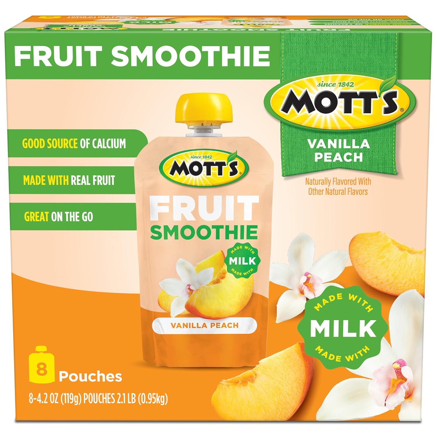 image:imageMotts Fruit Smoothies Strawberry Banana 42 oz clear pouches 8 Pack Nondairy Made With Oatmilk Made With Real Fruit Good Source of Calcium OntheGoVanilla Peach