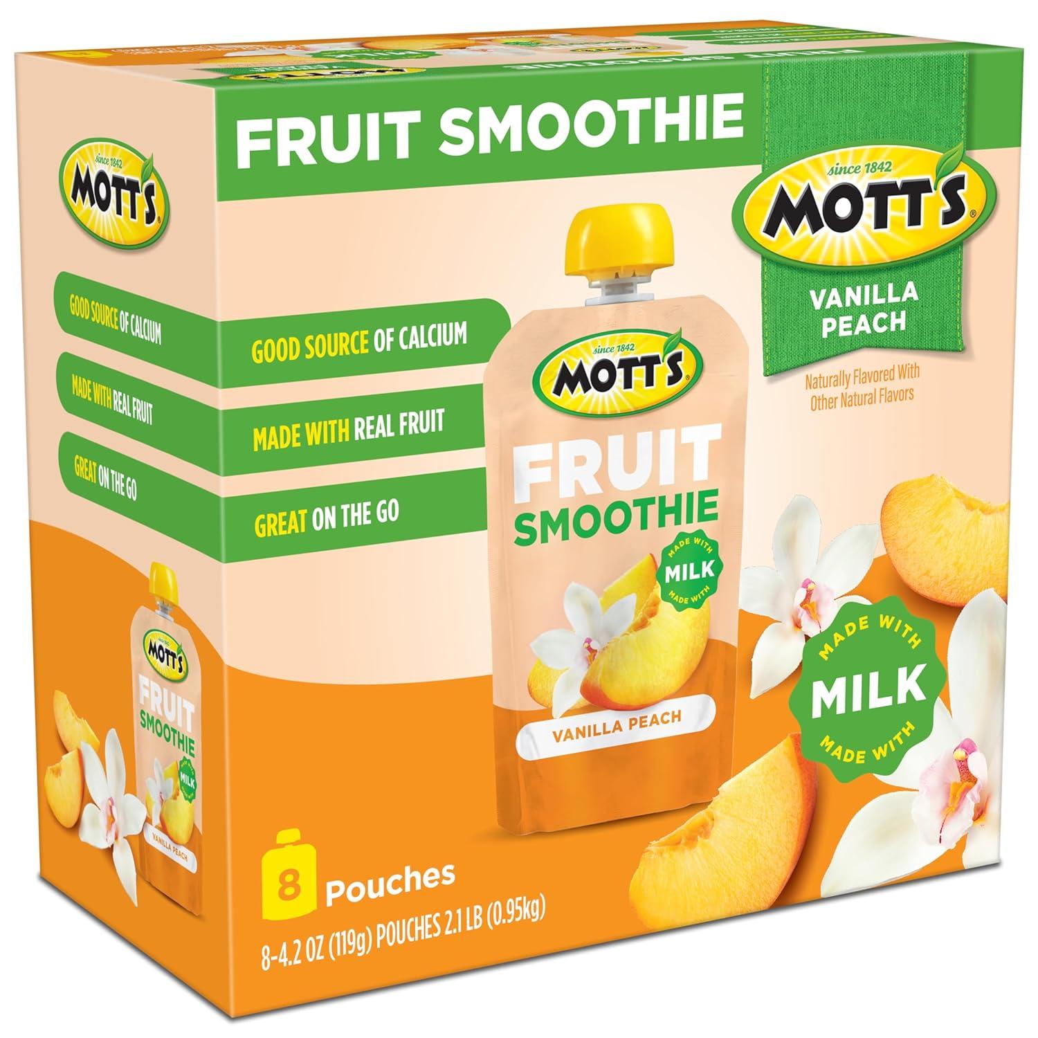 image:imageMotts Fruit Smoothies Strawberry Banana 42 oz clear pouches 8 Pack Nondairy Made With Oatmilk Made With Real Fruit Good Source of Calcium OntheGoVanilla Peach