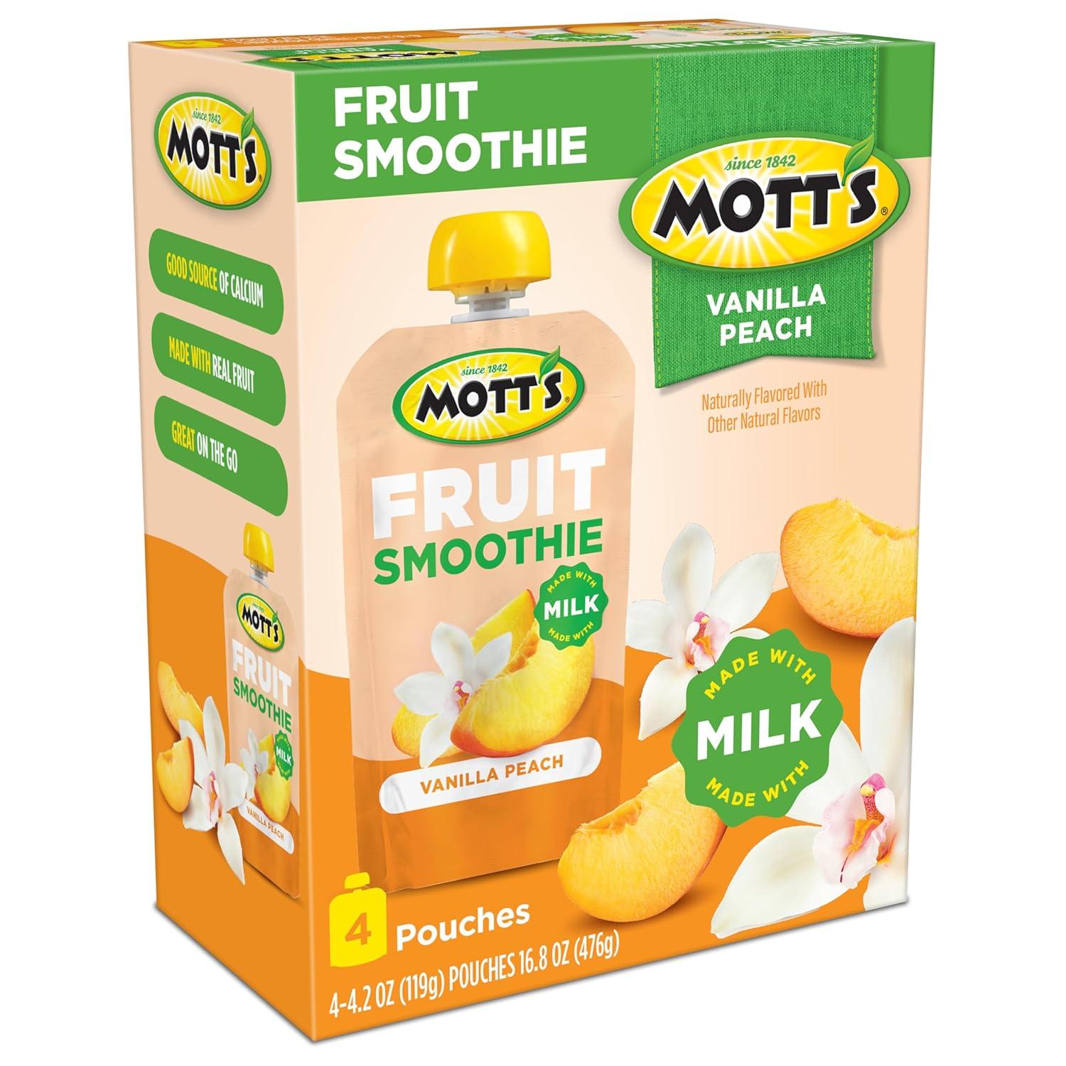 image:imageMotts Fruit Smoothies Strawberry Banana 42 oz clear pouches 8 Pack Nondairy Made With Oatmilk Made With Real Fruit Good Source of Calcium OntheGoVanilla Peach