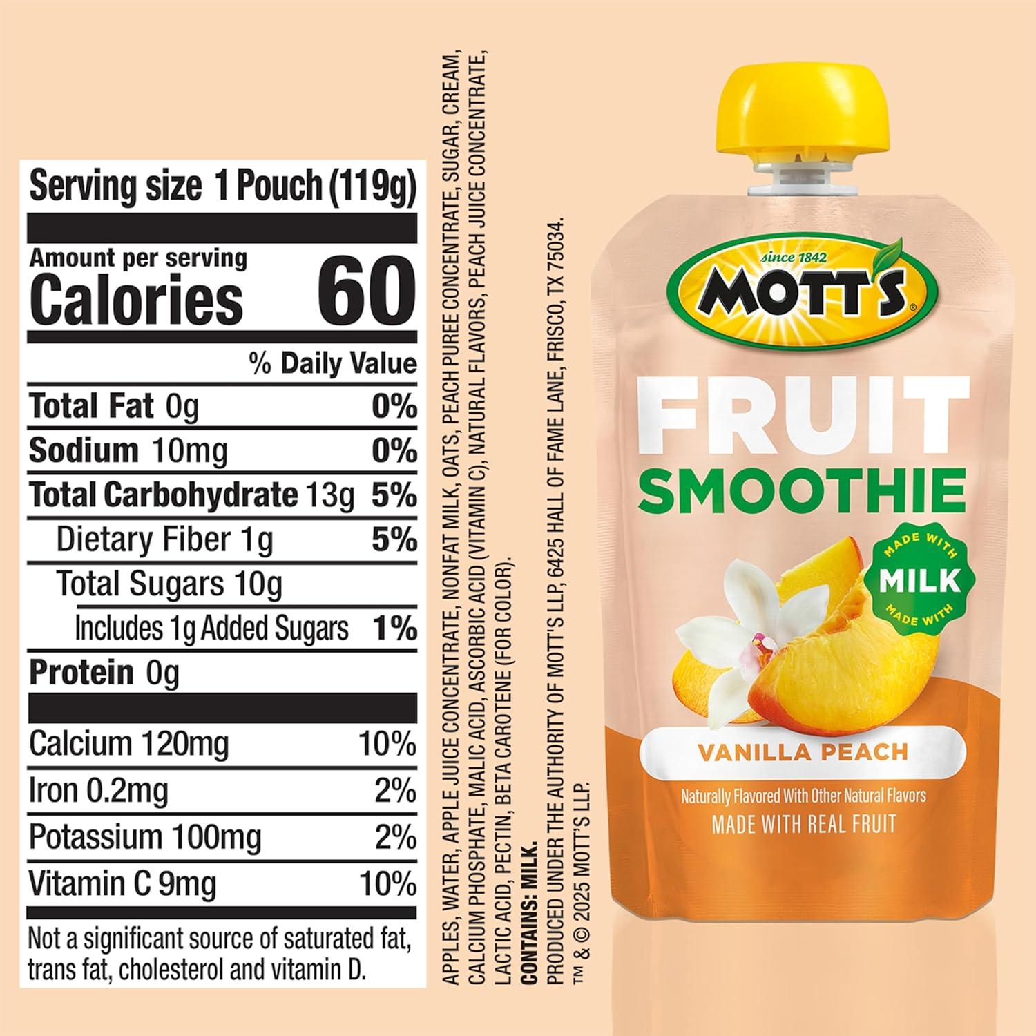 image:imageMotts Fruit Smoothies Strawberry Banana 42 oz clear pouches 8 Pack Nondairy Made With Oatmilk Made With Real Fruit Good Source of Calcium OntheGoVanilla Peach