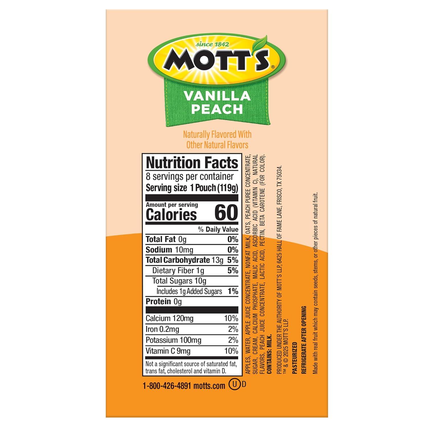image:imageMotts Fruit Smoothies Strawberry Banana 42 oz clear pouches 8 Pack Nondairy Made With Oatmilk Made With Real Fruit Good Source of Calcium OntheGoVanilla Peach
