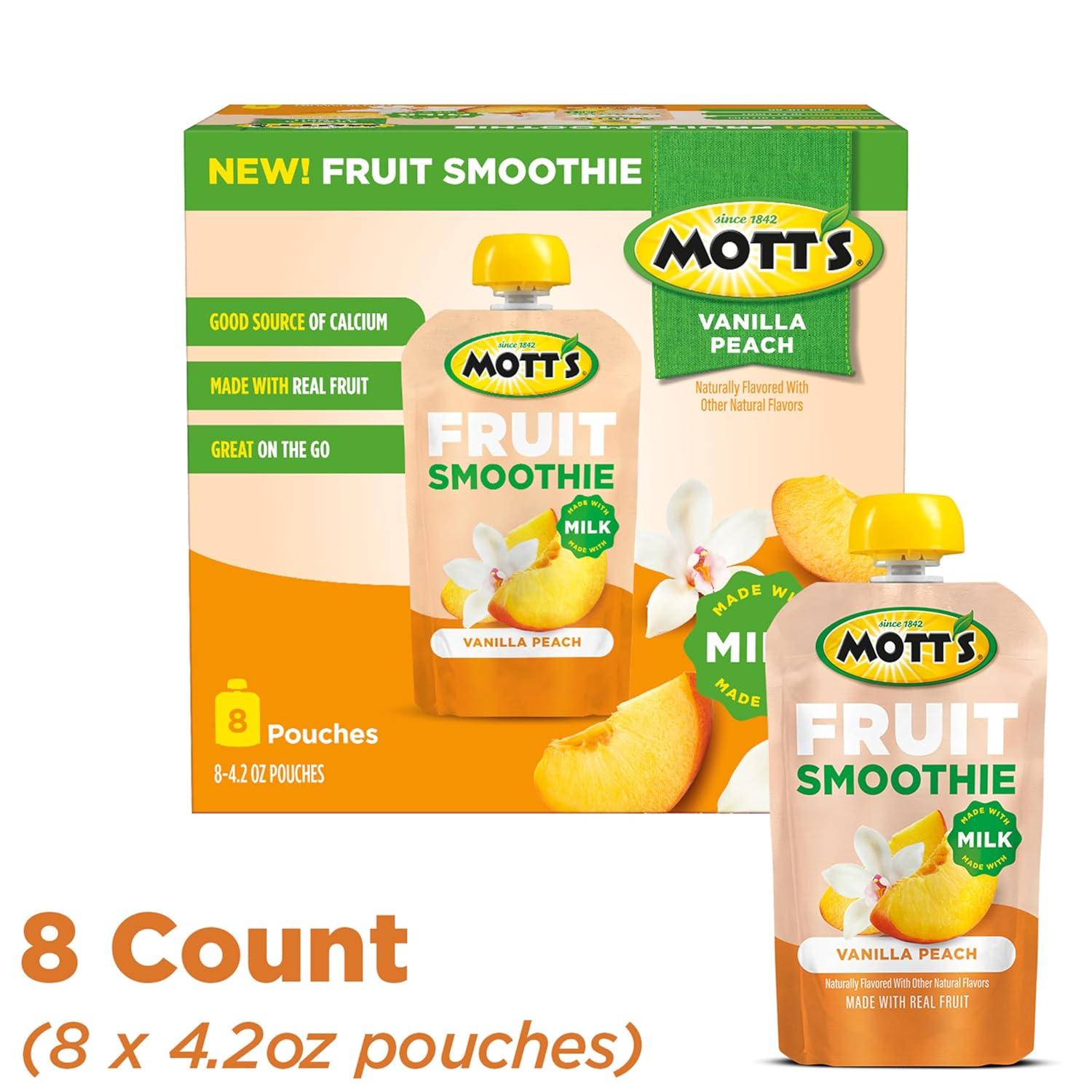 image:imageMotts Fruit Smoothies Strawberry Banana 42 oz clear pouches 8 Pack Nondairy Made With Oatmilk Made With Real Fruit Good Source of Calcium OntheGoVanilla Peach