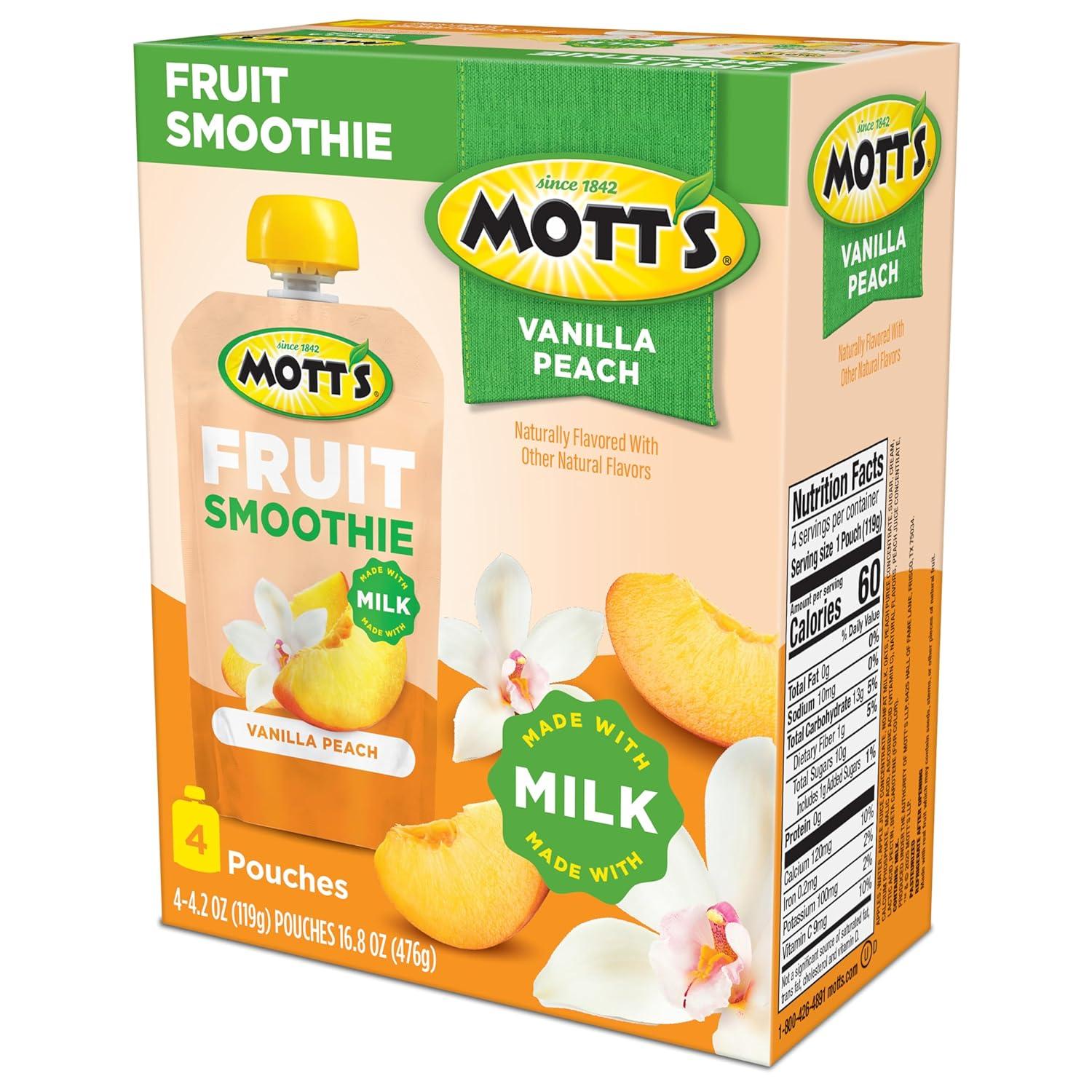 image:imageMotts Fruit Smoothies Strawberry Banana 42 oz clear pouches 8 Pack Nondairy Made With Oatmilk Made With Real Fruit Good Source of Calcium OntheGoVanilla Peach