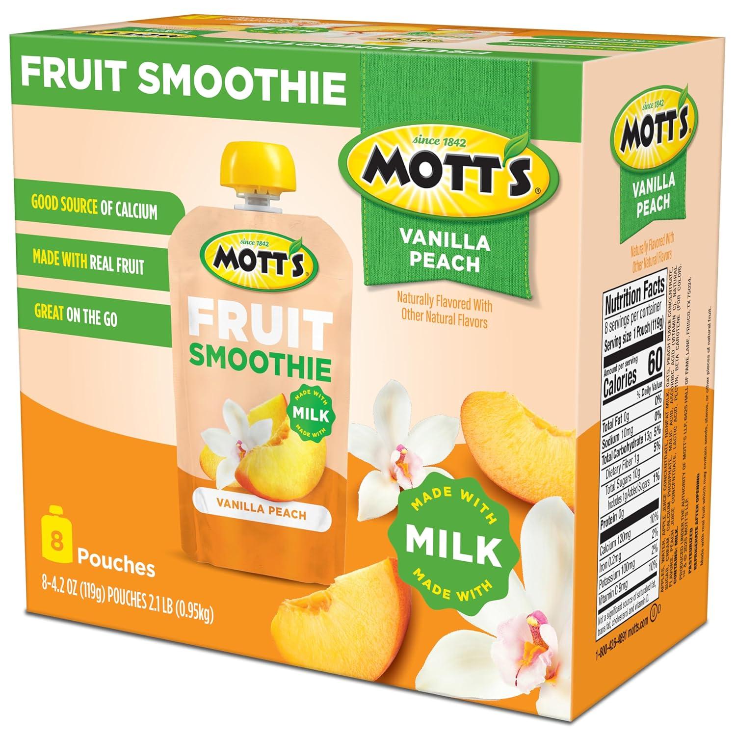 image:imageMotts Fruit Smoothies Strawberry Banana 42 oz clear pouches 8 Pack Nondairy Made With Oatmilk Made With Real Fruit Good Source of Calcium OntheGoVanilla Peach