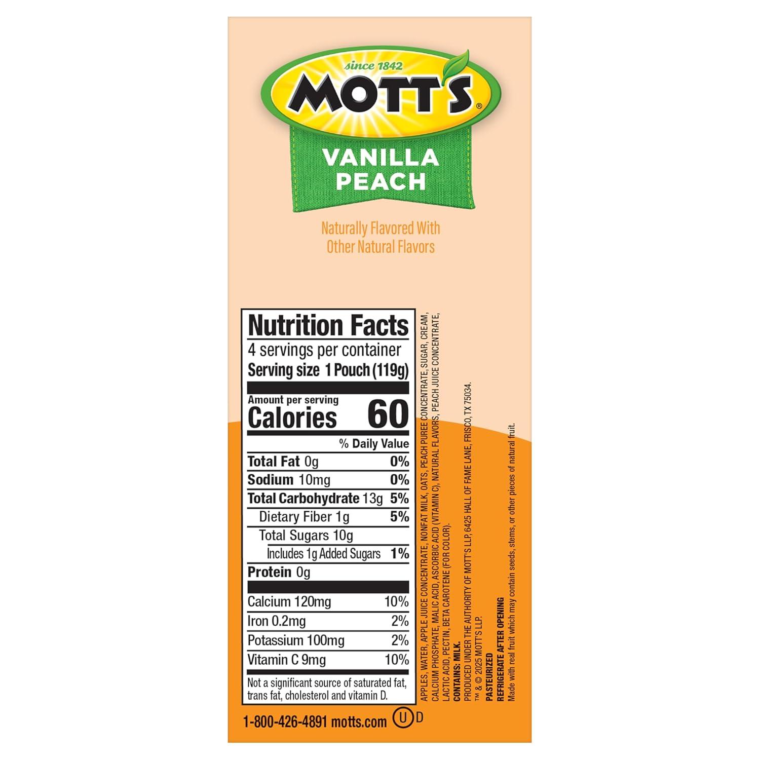 image:imageMotts Fruit Smoothies Strawberry Banana 42 oz clear pouches 8 Pack Nondairy Made With Oatmilk Made With Real Fruit Good Source of Calcium OntheGoVanilla Peach