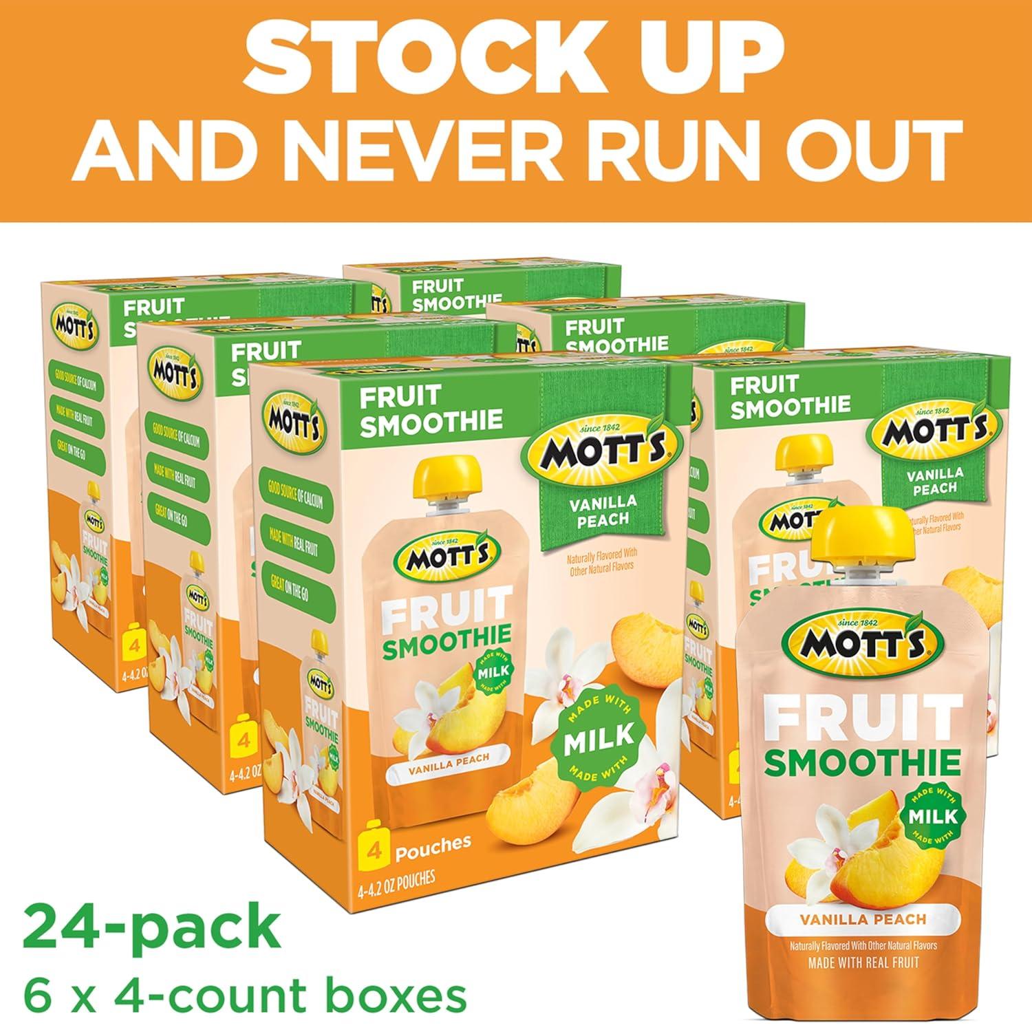 image:imageMotts Fruit Smoothies Strawberry Banana 42 oz clear pouches 8 Pack Nondairy Made With Oatmilk Made With Real Fruit Good Source of Calcium OntheGoVanilla Peach