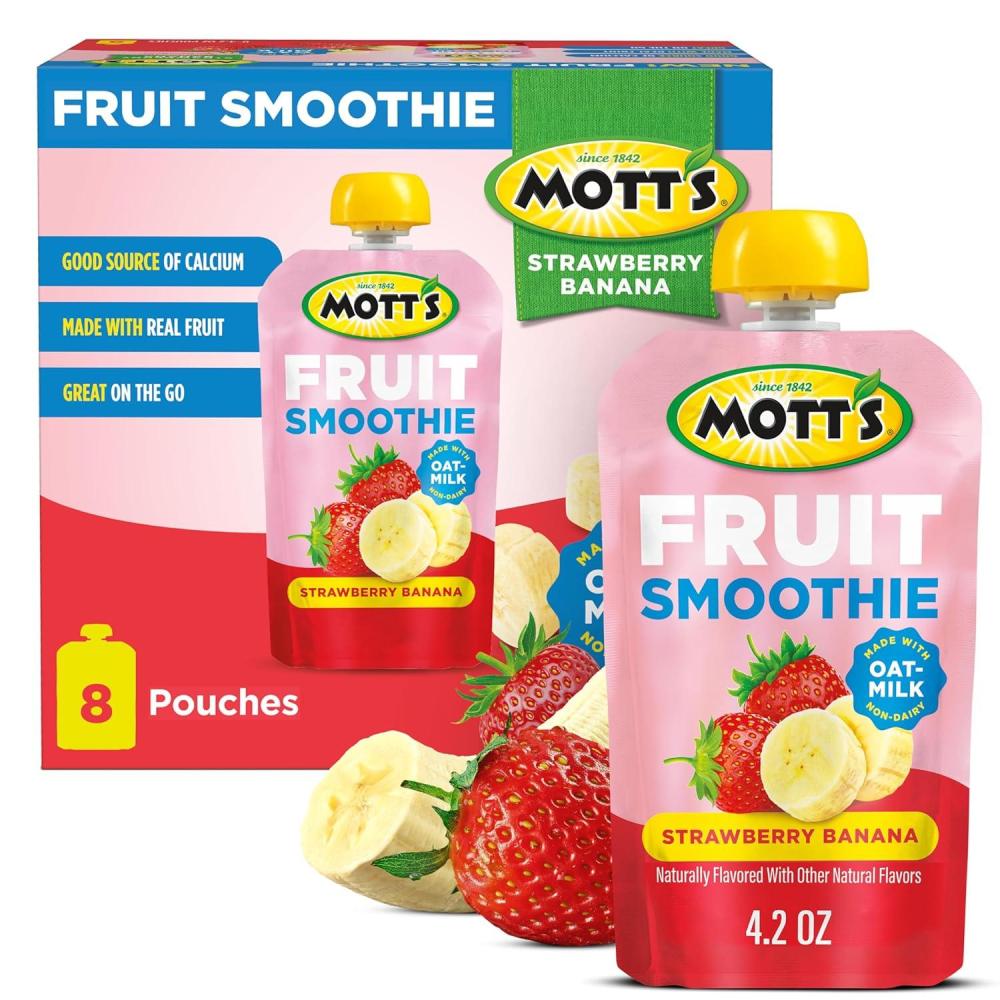 image:imageMotts Fruit Smoothies Strawberry Banana 42 oz clear pouches 8 Pack Nondairy Made With Oatmilk Made With Real Fruit Good Source of Calcium OntheGoStrawberry Banana