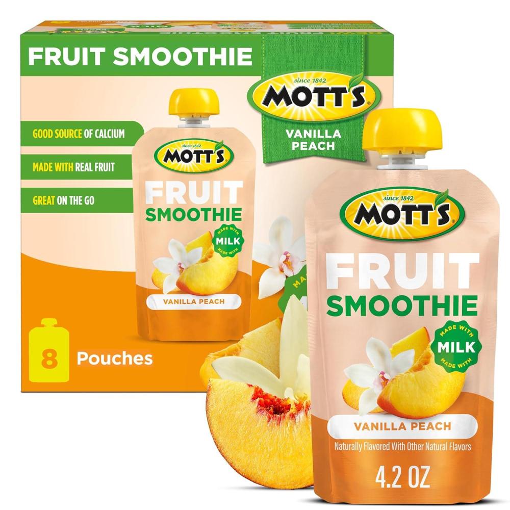 image:imageMotts Fruit Smoothies Strawberry Banana 42 oz clear pouches 8 Pack Nondairy Made With Oatmilk Made With Real Fruit Good Source of Calcium OntheGoVanilla Peach