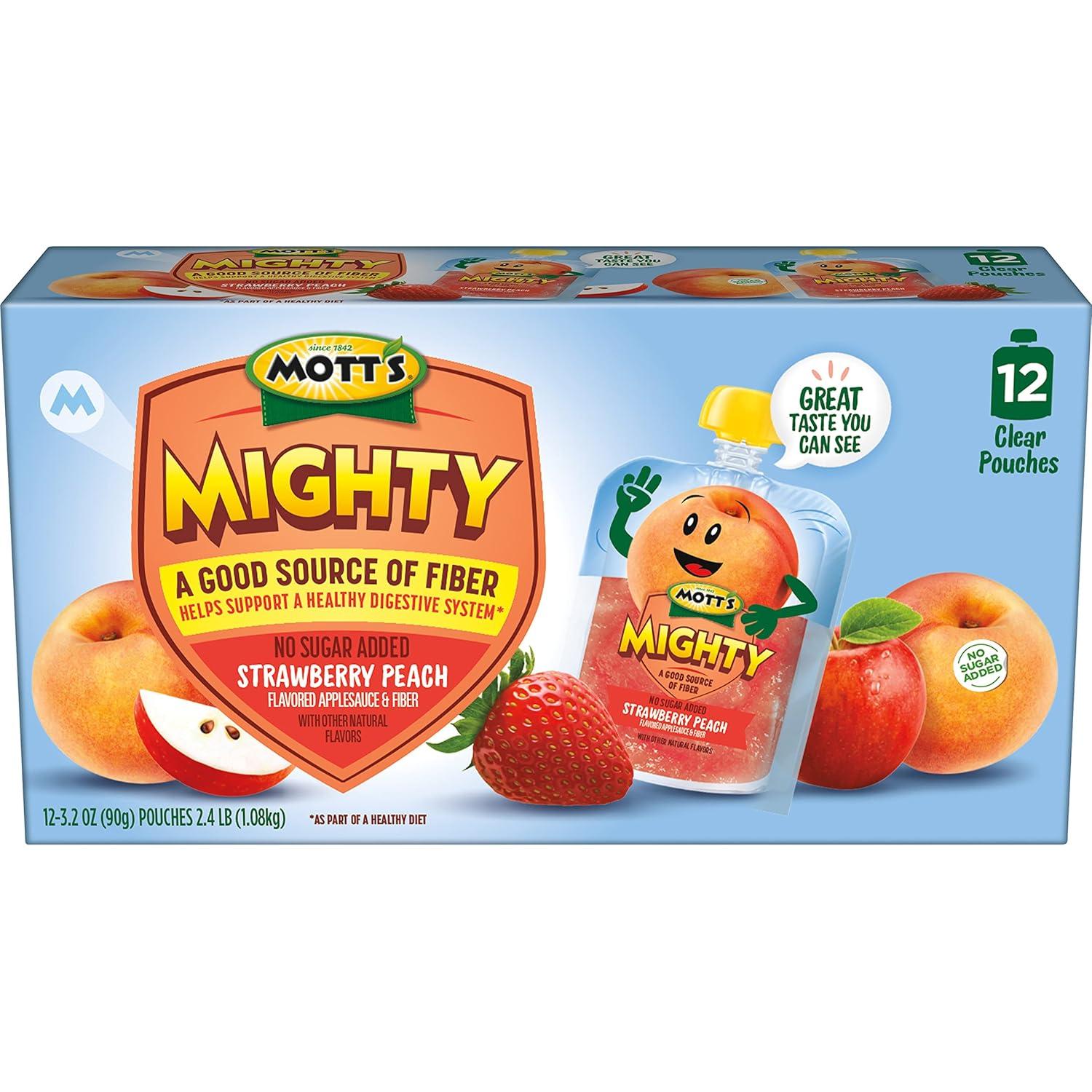 image:imageMotts Mighty Honeycrisp Apple Applesauce 32 Oz Clear Pouches 48 Count 4 Packs of 12 No Sugar Added Good Source Of Fiber Supports A Healthy Digestive System GlutenFree KosherStrawberry Peach