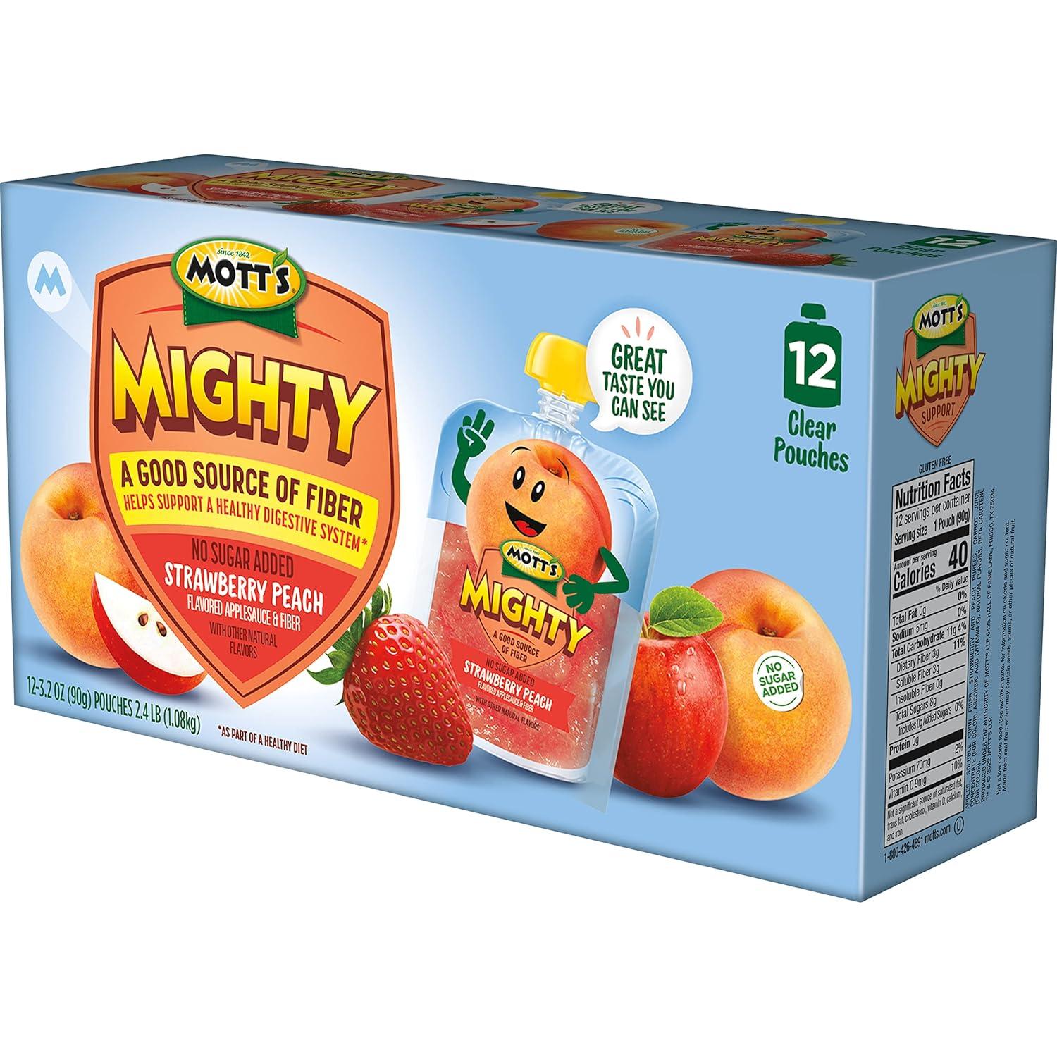 image:imageMotts Mighty Honeycrisp Apple Applesauce 32 Oz Clear Pouches 48 Count 4 Packs of 12 No Sugar Added Good Source Of Fiber Supports A Healthy Digestive System GlutenFree KosherStrawberry Peach