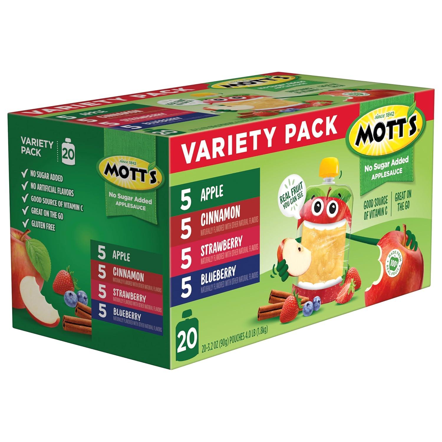 image:imageMotts No Sugar Added Applesauce Variety Pack Cinnamon and Apple Made from Real Fruit No Artificial Flavors 32 Oz Clear Pouches 20 PackNo Sugar Apple Cinnamon Strawberry Blueberry