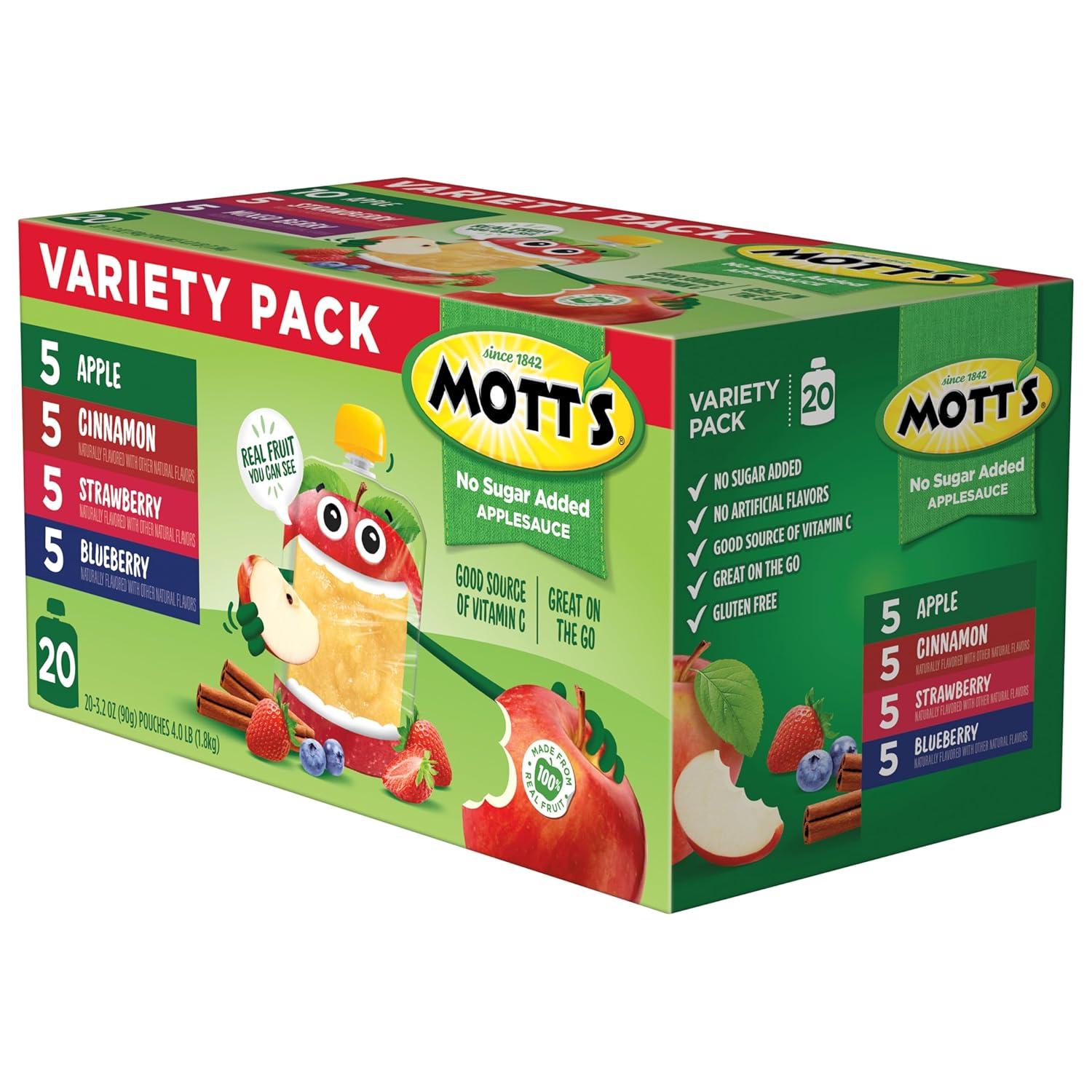 image:imageMotts No Sugar Added Applesauce Variety Pack Cinnamon and Apple Made from Real Fruit No Artificial Flavors 32 Oz Clear Pouches 20 PackNo Sugar Apple Cinnamon Strawberry Blueberry
