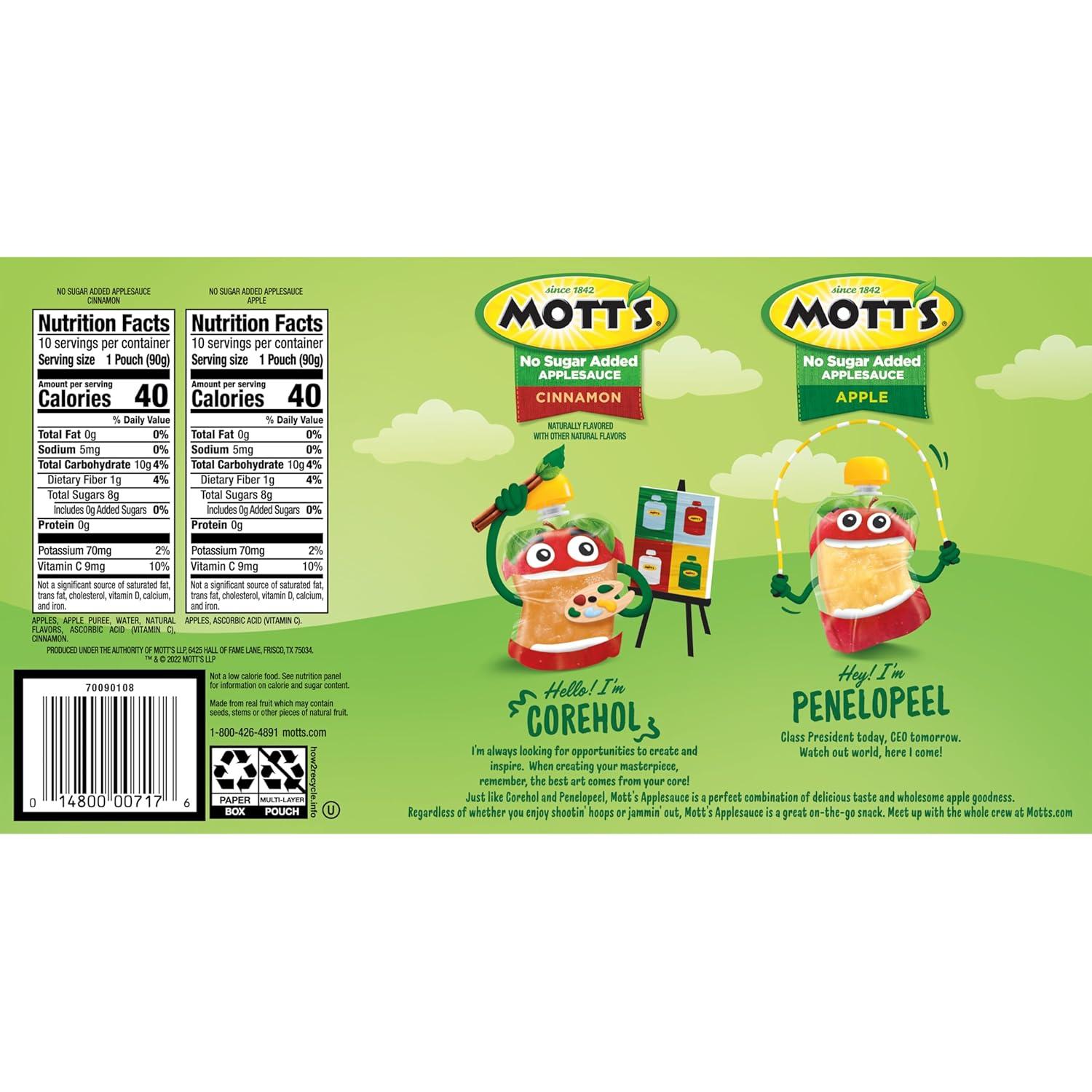 image:imageMotts No Sugar Added Applesauce Variety Pack Cinnamon and Apple Made from Real Fruit No Artificial Flavors 32 Oz Clear Pouches 20 PackNo Sugar Apple Cinnamon