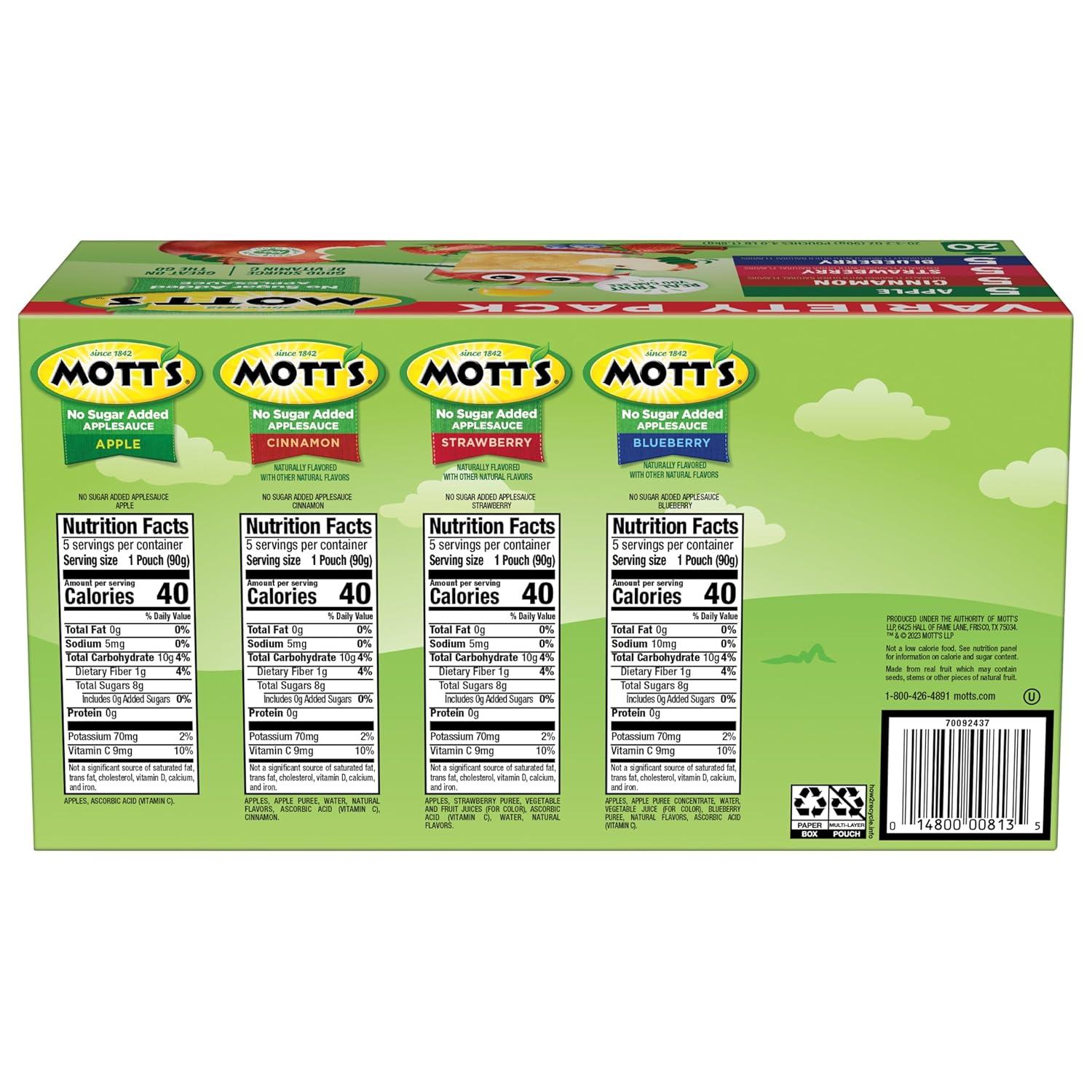 image:imageMotts No Sugar Added Applesauce Variety Pack Cinnamon and Apple Made from Real Fruit No Artificial Flavors 32 Oz Clear Pouches 20 PackNo Sugar Apple Cinnamon Strawberry Blueberry