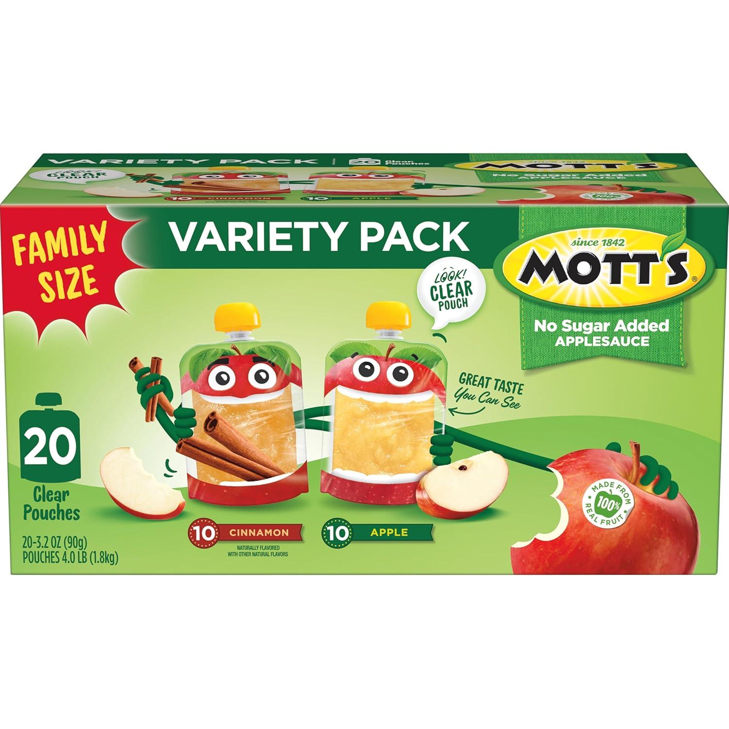image:imageMotts No Sugar Added Applesauce Variety Pack Cinnamon and Apple Made from Real Fruit No Artificial Flavors 32 Oz Clear Pouches 20 PackNo Sugar Apple Cinnamon