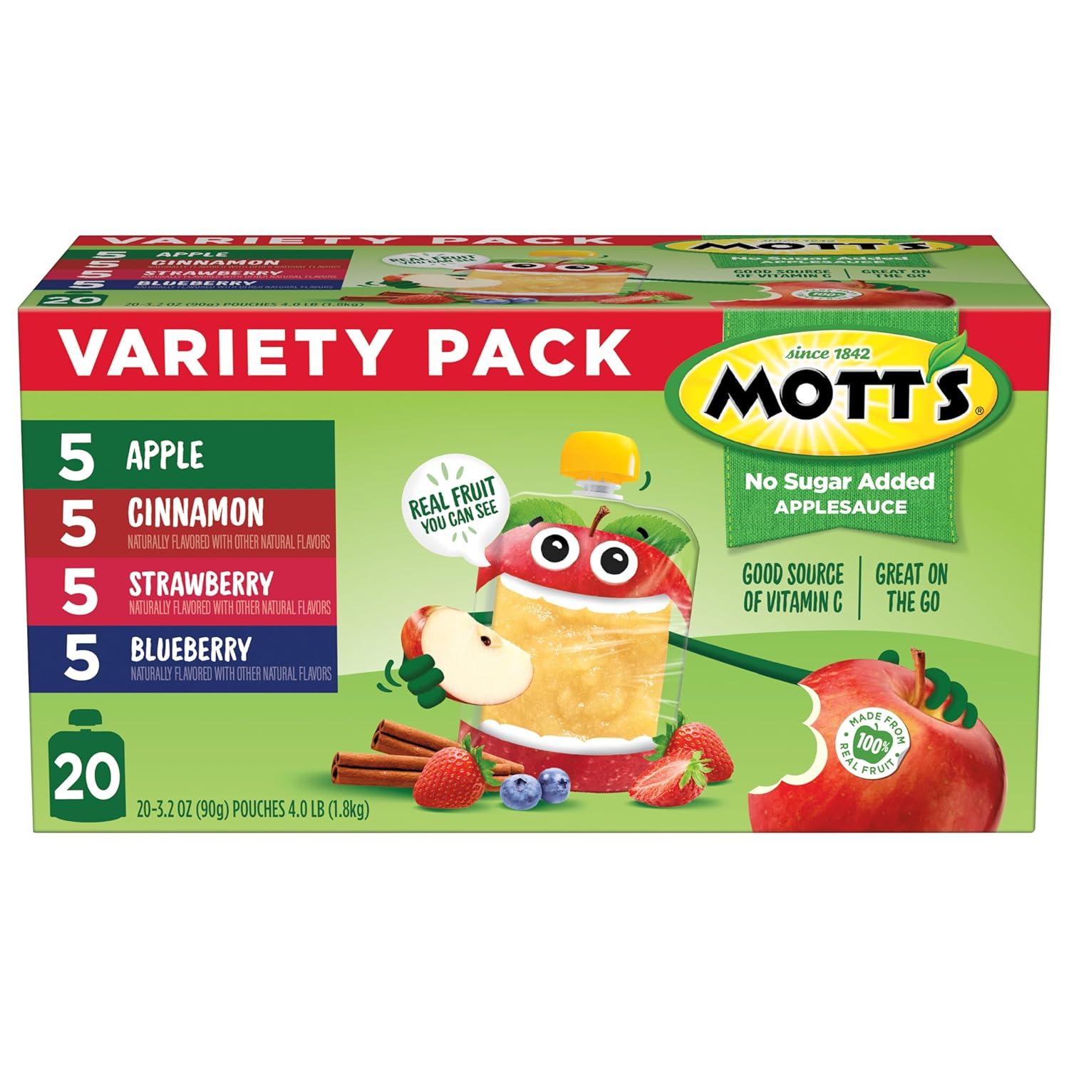 image:imageMotts No Sugar Added Applesauce Variety Pack Cinnamon and Apple Made from Real Fruit No Artificial Flavors 32 Oz Clear Pouches 20 PackNo Sugar Apple Cinnamon Strawberry Blueberry