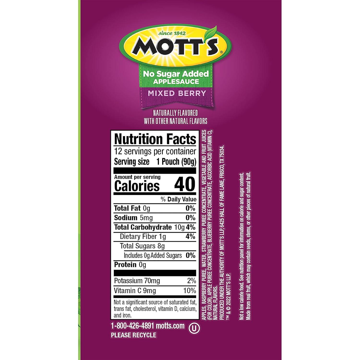 image:imageMotts No Sugar Added Strawberry Applesauce 32 Oz Clear Pouches 48 Count 4 Packs Of 12 Good Source Of Vitamin C No Artificial FlavorsMixed Berry