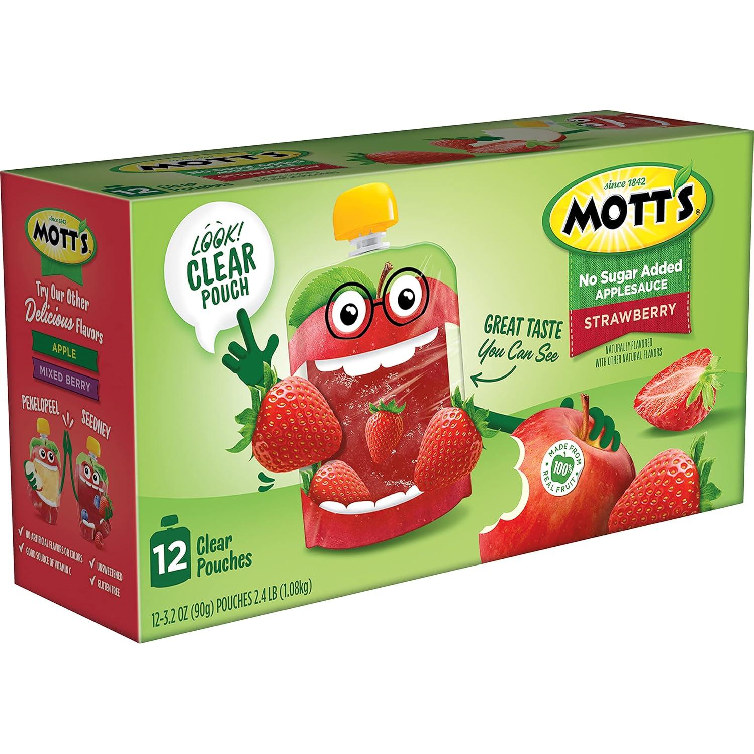 image:imageMotts No Sugar Added Strawberry Applesauce 32 Oz Clear Pouches 48 Count 4 Packs Of 12 Good Source Of Vitamin C No Artificial FlavorsStrawberry