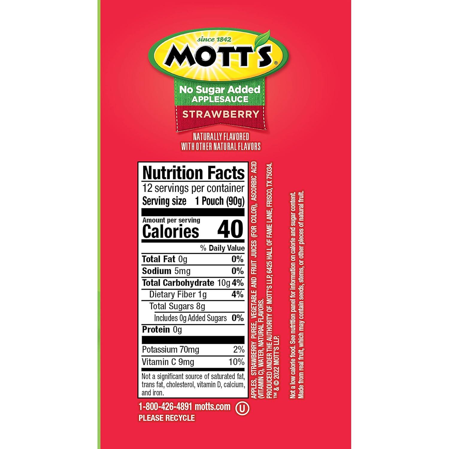 image:imageMotts No Sugar Added Strawberry Applesauce 32 Oz Clear Pouches 48 Count 4 Packs Of 12 Good Source Of Vitamin C No Artificial FlavorsStrawberry