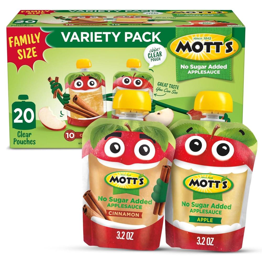 image:imageMotts No Sugar Added Applesauce Variety Pack Cinnamon and Apple Made from Real Fruit No Artificial Flavors 32 Oz Clear Pouches 20 PackNo Sugar Apple Cinnamon