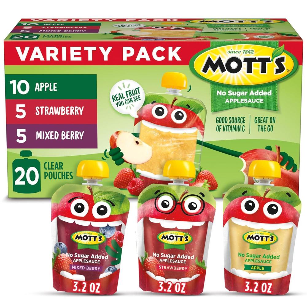 image:imageMotts No Sugar Added Applesauce Variety Pack Cinnamon and Apple Made from Real Fruit No Artificial Flavors 32 Oz Clear Pouches 20 PackNo Sugar Apple Strawberry Mixed Berry