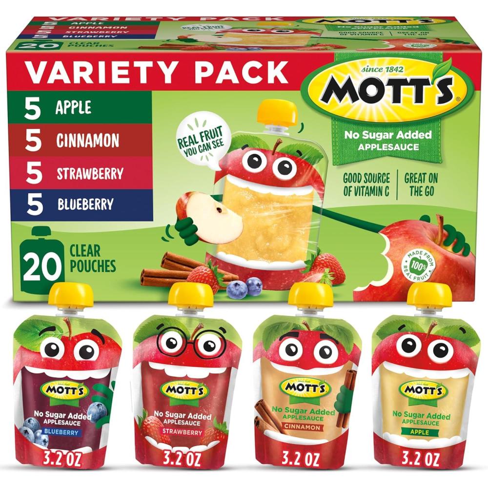image:imageMotts No Sugar Added Applesauce Variety Pack Cinnamon and Apple Made from Real Fruit No Artificial Flavors 32 Oz Clear Pouches 20 PackNo Sugar Apple Cinnamon Strawberry Blueberry
