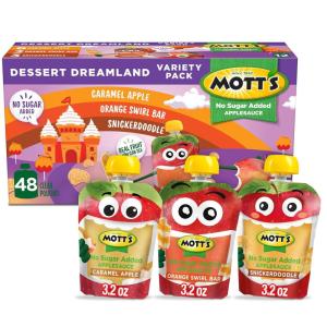Mott’s No Sugar Added Applesauce, 3.2 Oz Clear Pouches, 48 Count (4 Packs Of 12), Good Source Of Vitamin C, No Artificial Flavors(Dessert Dreamland Variety)