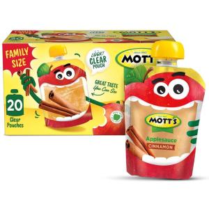 Mott’s No Sugar Added Applesauce Variety Pack, Cinnamon and Apple, Made from Real Fruit, No Artificial Flavors, 3.2 Oz Clear Pouches, 20 Pack(Cinnamon)