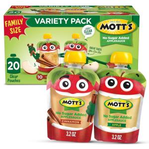 Mott’s No Sugar Added Applesauce Variety Pack, Cinnamon and Apple, Made from Real Fruit, No Artificial Flavors, 3.2 Oz Clear Pouches, 20 Pack(No Sugar Apple & Cinnamon)