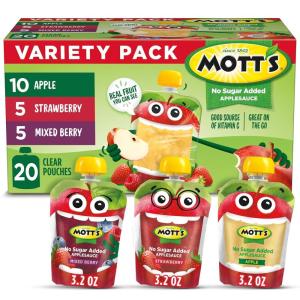 Mott’s No Sugar Added Applesauce Variety Pack, Cinnamon and Apple, Made from Real Fruit, No Artificial Flavors, 3.2 Oz Clear Pouches, 20 Pack(No Sugar Apple  Strawberry & Mixed Berry)