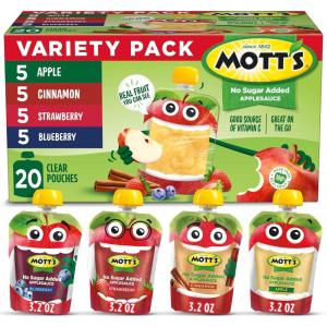 Mott’s No Sugar Added Applesauce Variety Pack, Cinnamon and Apple, Made from Real Fruit, No Artificial Flavors, 3.2 Oz Clear Pouches, 20 Pack(No Sugar Apple  Cinnamon  Strawberry & Blueberry)