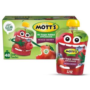 Mott’s No Sugar Added Strawberry Applesauce, 3.2 Oz Clear Pouches, 48 Count (4 Packs Of 12), Good Source Of Vitamin C, No Artificial Flavors(Mixed Berry)