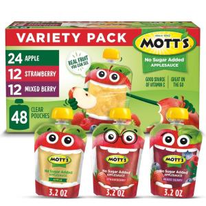 Mott’s No Sugar Added Strawberry Applesauce, 3.2 Oz Clear Pouches, 48 Count (4 Packs Of 12), Good Source Of Vitamin C, No Artificial Flavors(Variety)